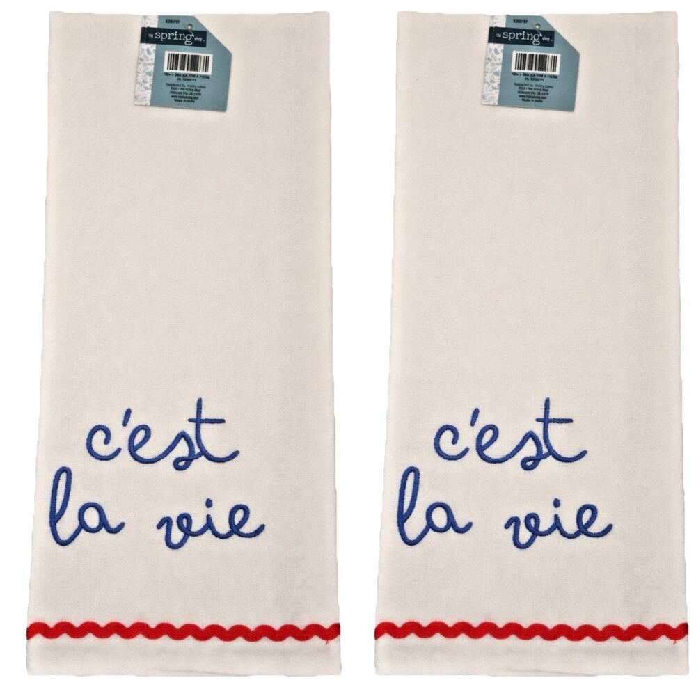 Lot Of Two white tea towel c'est la vie embroidered with ric rac 18" x 28"